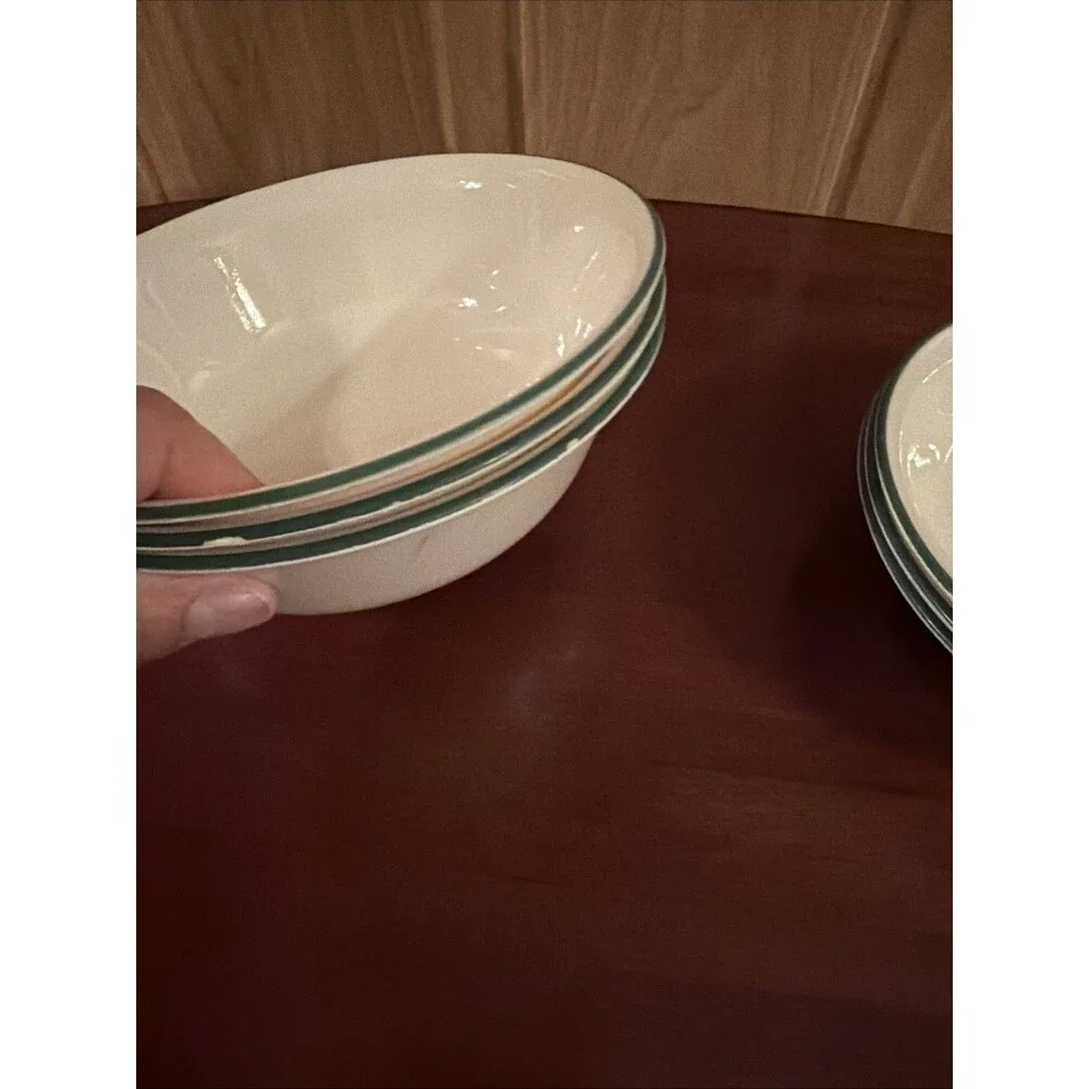 Set Of 6 Corelle Home Garden Birdhouse 3 Cereal Bowls &3 Dessert Green Strip GUC